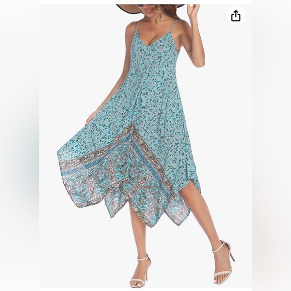 Chigant Sundress Midi Vacation Dress Floral Print Blue Color Size M Brand New - Picture 2 of 10